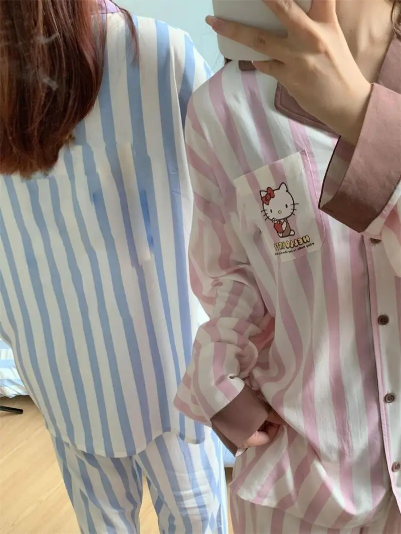 سانريو جديد منامة مجموعة مرحبا كيتي الكرتون لطيف شريط منامة الإناث ربيع الخريف جديد الترفيه المنزل الملابس مجموعة زوجين دعوى