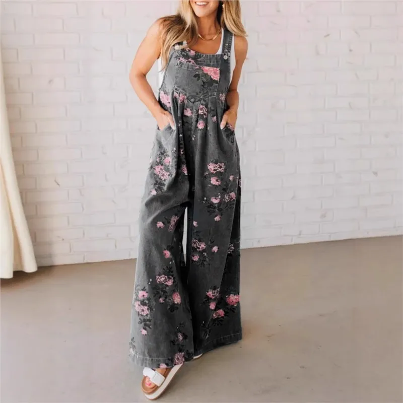 2025 Summer Women Jumpsuits Floral Printed Overalls Multicolor Square Neck Sleeveless Rompers Pockets Suspender Fashion Trousers