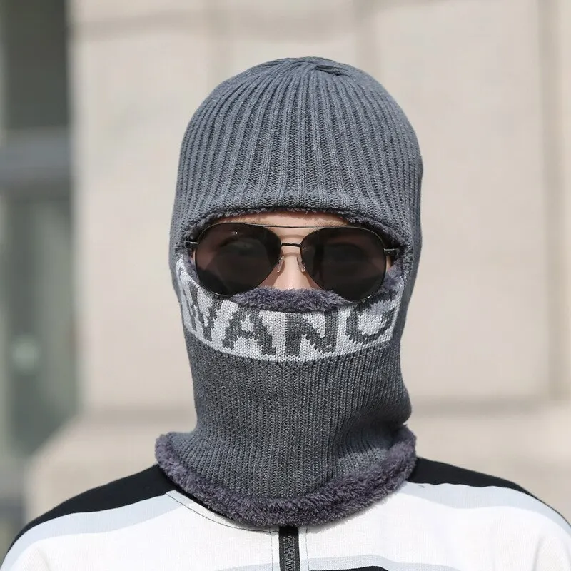 Men's Neck One-Piece Hat Winter Thickened Warm Woolen Integrated Hat Cycling Face Protection Cold Cotton Knit Hat