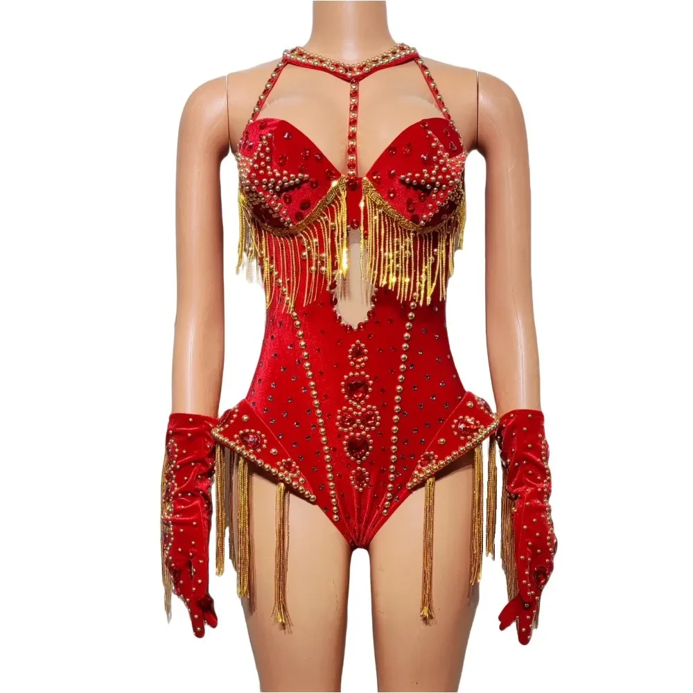 Sexy vermelho strass borla luvas bodysuit mostrar dança outfit feminino cantor equipe de dança concerto boate bar desempenho traje