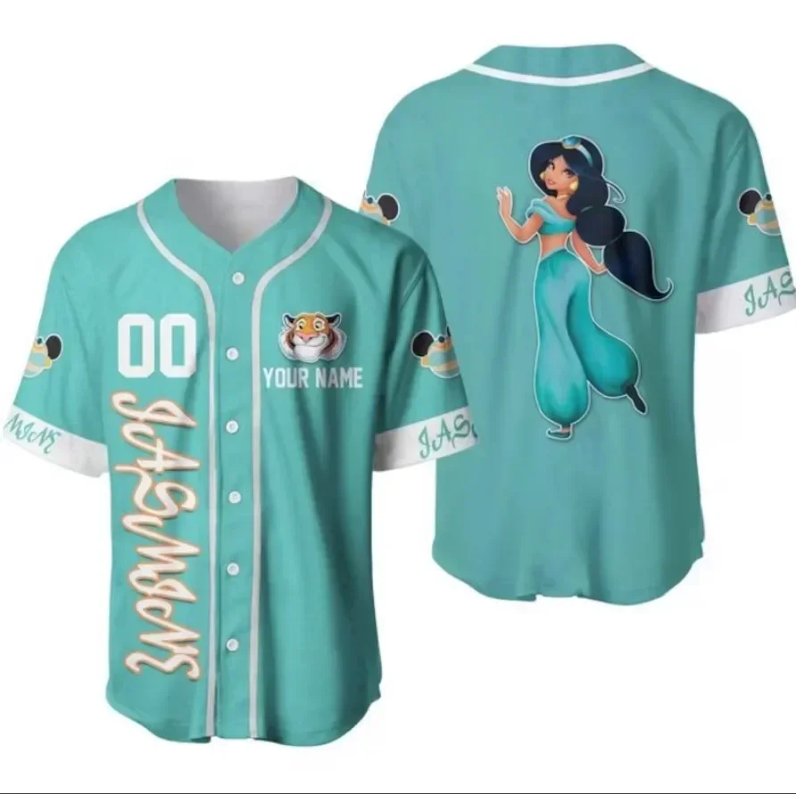 

Disney Jasmine Princess Custom Name Baseball Jersey Outdoor Sports Style Casual Jersey Men's and Women's Personalized T-shirt