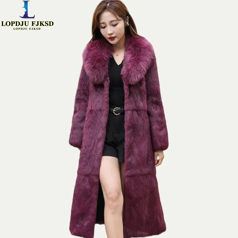 Real Rex Rabbit Fur Coat Women Autumn Winter Long Jacket Thick Warm New Fashion Fox Fur Collar Elegant Female Warm Outerwear