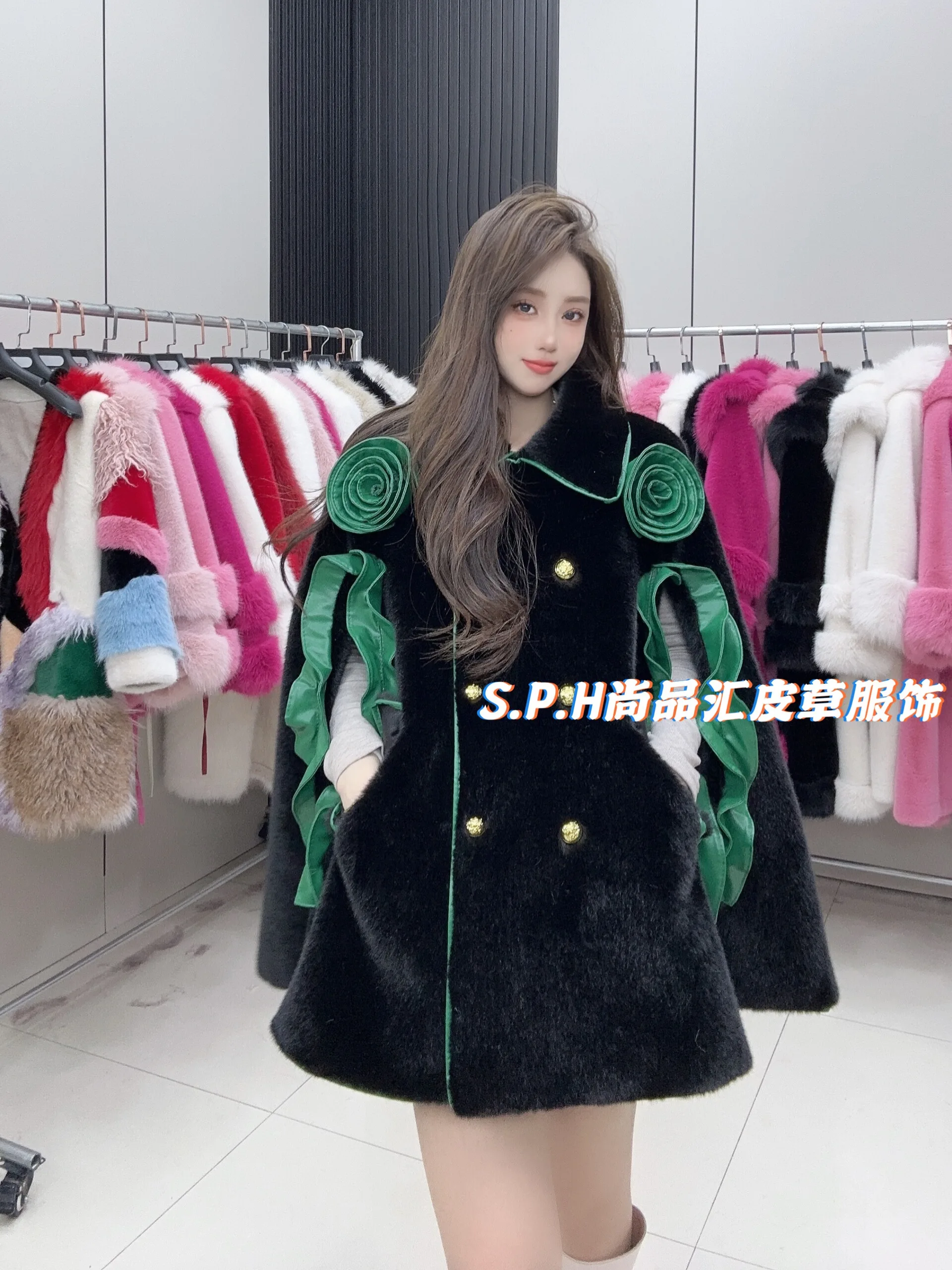 2024 Three-Dimensional Flower Cloak New Women's Fashion Shawl Lapel Thick Warm Faux Fur Jacket Loose Comfortable Fur Coat