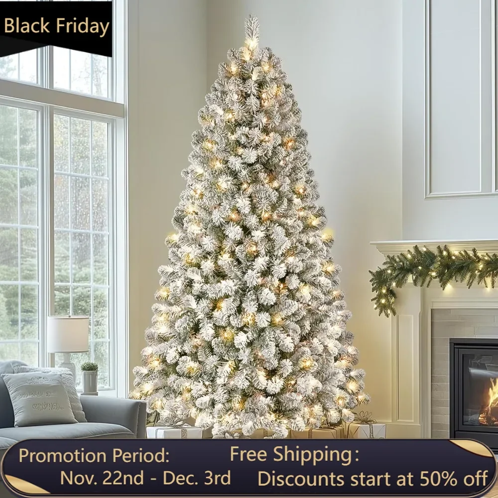 7.5ft Prelit Snow Flocked Artificial Holiday Christmas Tree, Full Snow Branch Tips for Home, Office, Party Decoration