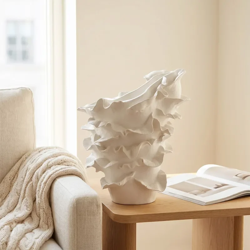 Jiatong modern simple ceramic lotus leaf edge vase white desktop decoration pure handmade geometric shape