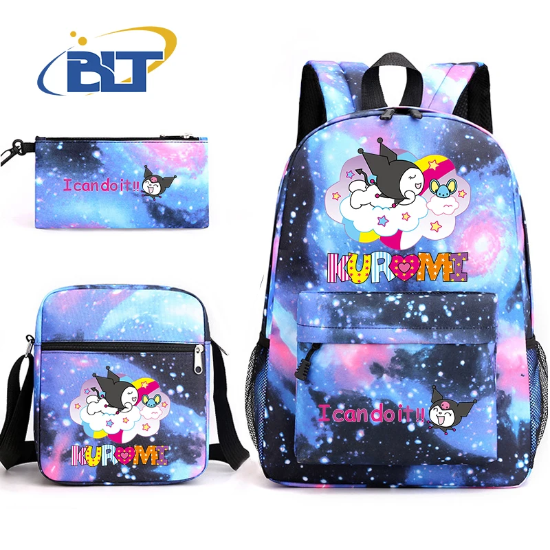 Kuromi Print Rugzak Set Campus Student Schooltas Etui Schoudertas 3-delige Set Voor Meisjes