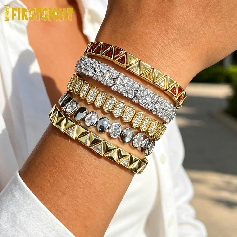 Neue Iced Out Bling CZ Geometrische Stretchy Stretch Doppel Tennis Kette Armband Angepasst Größe Armreif Für Frauen Mode Schmuck