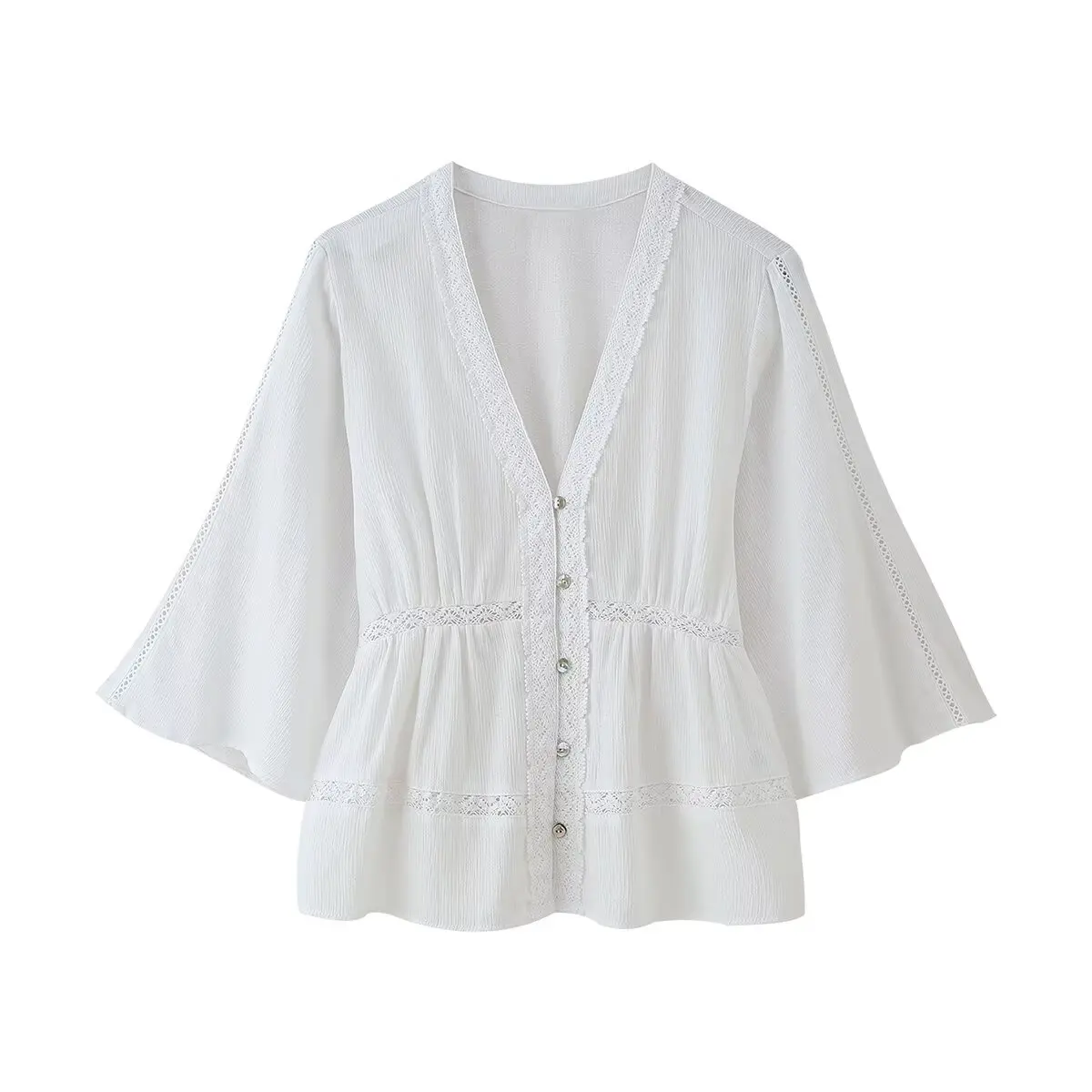 

PB&ZA2025 Summer New Women's Casual Loose Lazy Lace Splicing Vertical Lace Decoration V-neck Shirt
