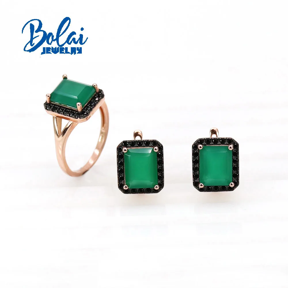 

Bolaijewelry Natural gemstone green agate ring earrings Jewelry Set 925 sterling silver fashion jewelry gift for women