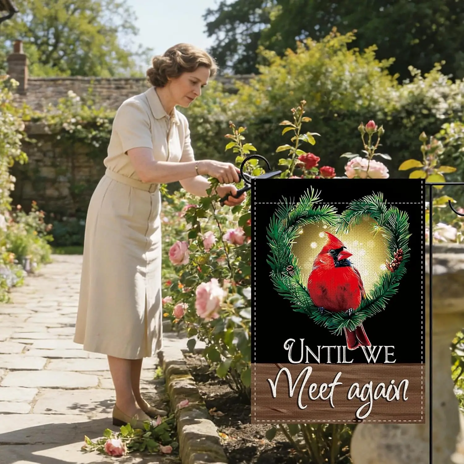 Cardinal Memorial Decorative Garden Flag, Until We Meet Again Red Bird Heart Wreath Small Yard Outside Cemetery Decorations, PPM