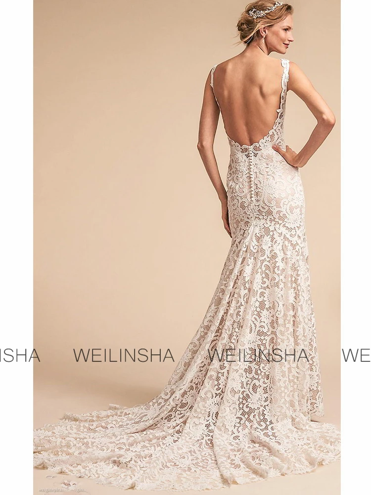 High Quality Church Wedding Dresses Lace Mermaid/Trumpet Wedding Party Dresses Champagne V-neck Lace Ruched Button Wedding Dress