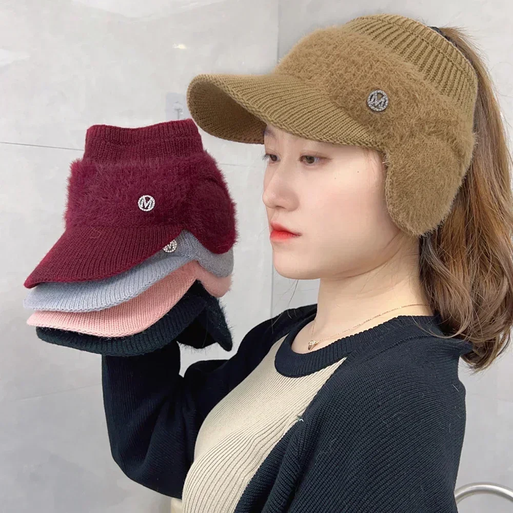 Autumn Winter Fashion Hats for Women Winter Warm Knitted Fleece Hat Ladies with Earflaps Hats Empty Top Baseball Cap for Female