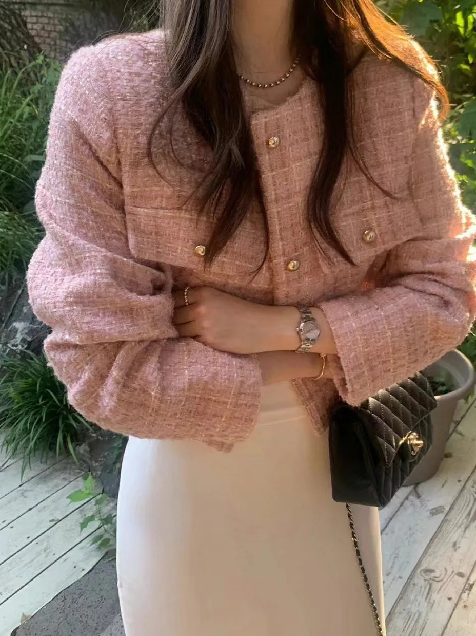 Elegant Single Button Tweed Short Coat Chic Korean Style Outerwear for Women Spring Autumn Winter Seasonal Fashion Street Style