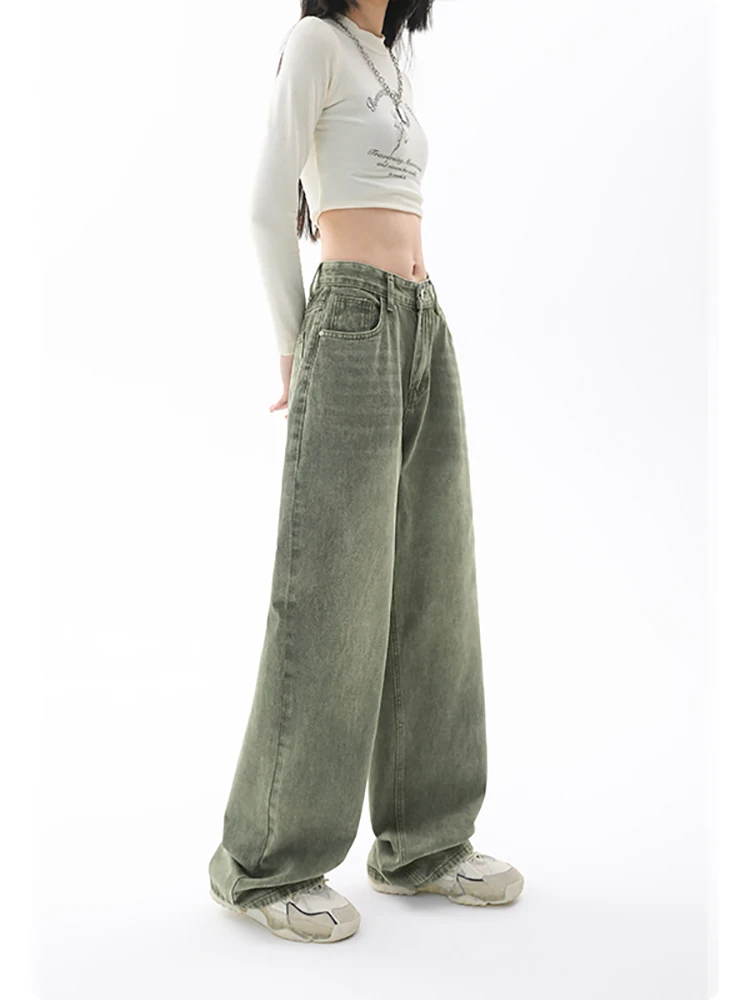 Green Women Jeans High Waist Loose Straight Leg Femme Jean Fashion Y2k Casual Streetwear Female Pants Baggy Trouser