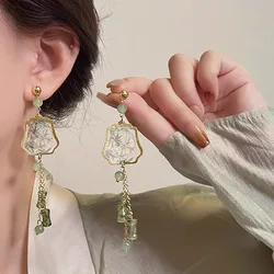 Vintage Chinese Tranditional Natural Stone Green Bamboo Fan Long Tassel Earrings for Women Fashion 2024 Temperament Drop Earring