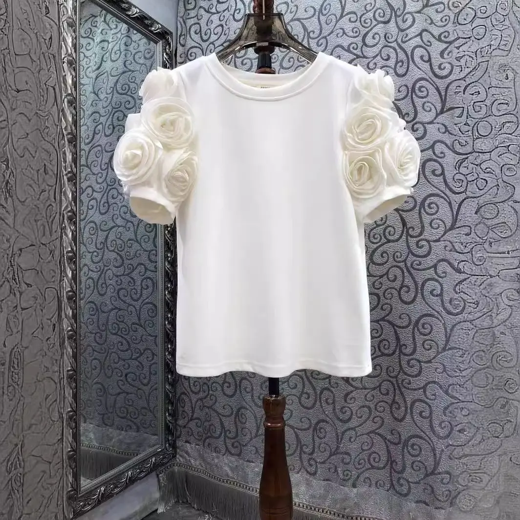 Nomikuma 2024 Summer New Women\'s 3D Flower Short Sleeved T-shirt Fashion Simple Versatile Top