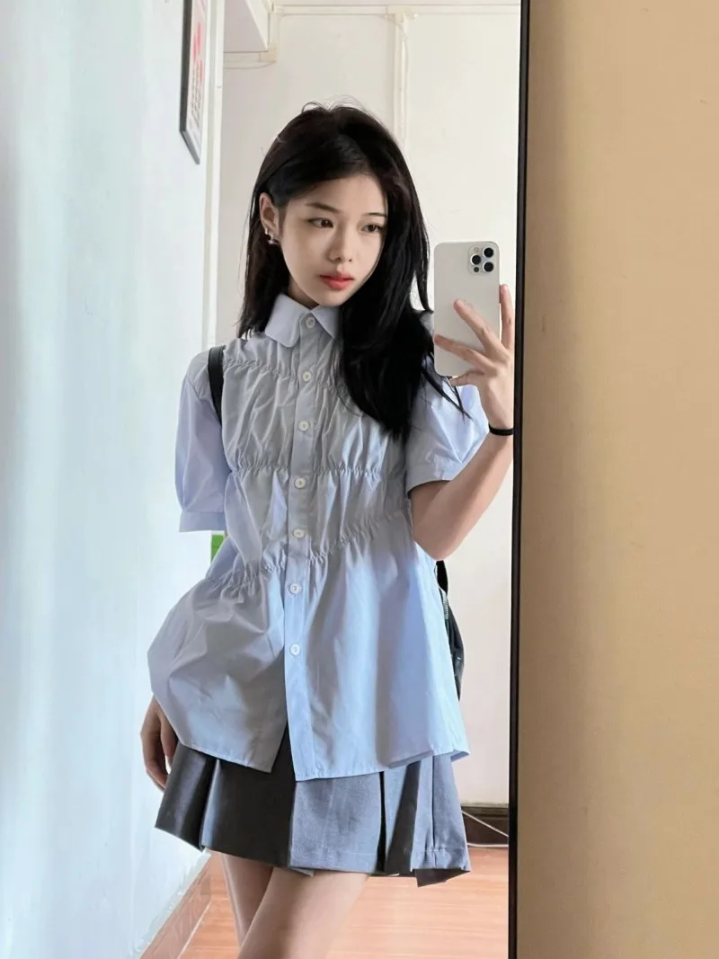 

French Elegant Fairy Short Sleeve Clothes Draped All Match Korean Preppy Style Buttons Girl Blouse Y2k Aesthetic Punk Shirts