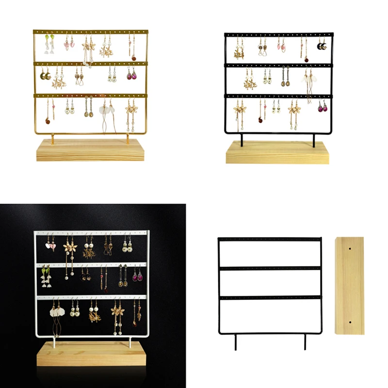 Large Metal 3 Layers Earring Stand with Wooden Base Jewelry porous Hanging dresser Ear Stud Organizer Rack Gift for Women