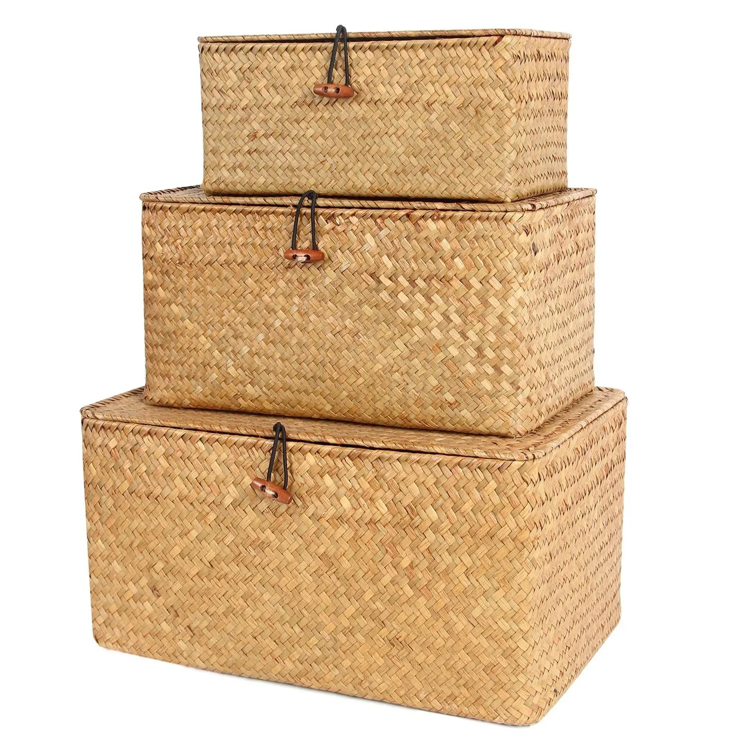 Shelf Baskets with Lid Set of 3 Handwoven Seagrass Storage Box Wicker Basket Desktop Makeup Organizer Multipurpose Container