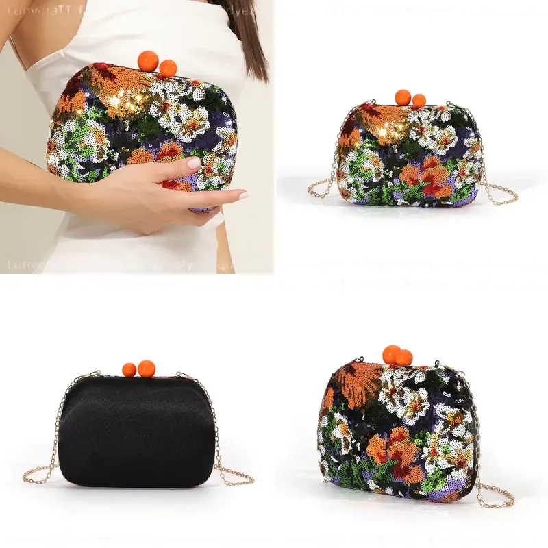 Contrast Color Flash Flower Sequin Bead Box Clutch Bag Women's Banquet Satin Dinner Bag