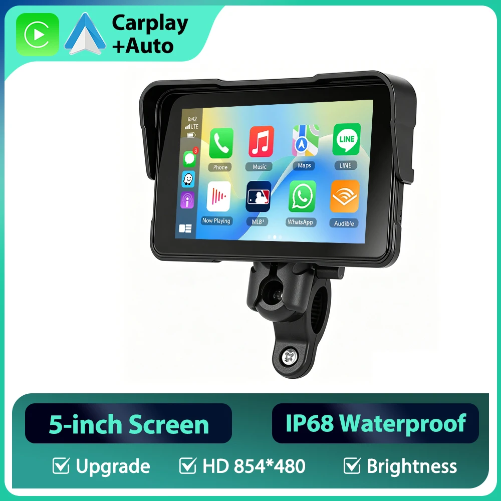 Podofo Motorrad Kabelloses Carplay Android Auto 5'' Smart Screen Player IP68 Wasserdicht Reifendrucküberwachung Helligkeitseinstellung