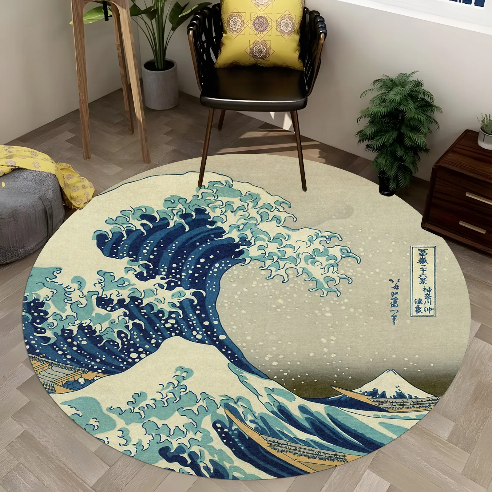 Japanese Wave Round Rug - The Great Wave off Kanagawa Design, Blue & White Coastal Carpet, Non-Slip Boho Living Room Floor Mat