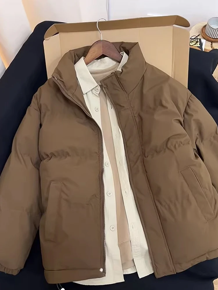 

Thiened, зимняя хлопковая куртка, мужская теплая куртка кофейного цвета в американском стиле ретро, защита от тепла, воротник-стойка, застежка-молния, длинная...