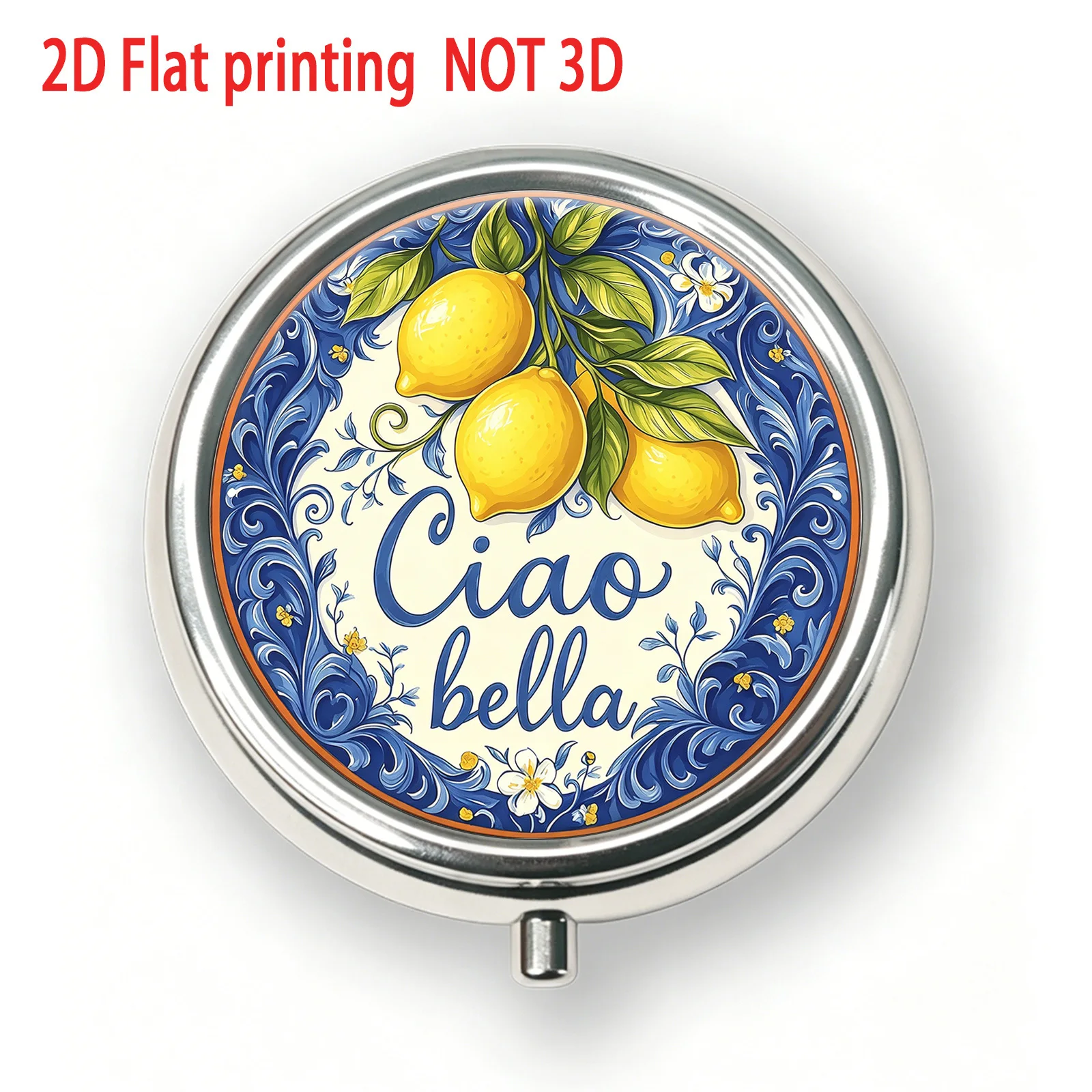 Single-piece, flat, round three-compartment storage box, blue lemon vintage pattern round design, vitamin storage box, light luxury and high-end, suitable for handbags and travel, a unique and creative item