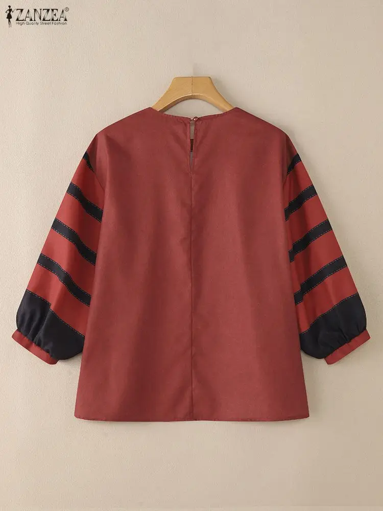 ZANZEA Autumn Blouse Women Stylish Contrast Color Blouses Elegant 3/4 Lantern Sleeve Work Shirt Casual O Neck Blusas Tunic Femme
