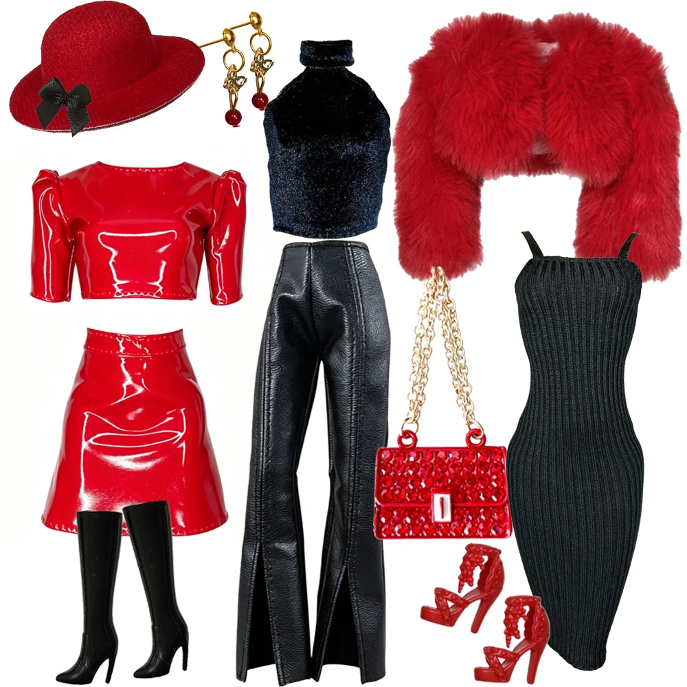 1/6 Doll Fashion Leather Jacket with Elegant Dress and bags Outfits set for 27-30 Doll Clothing Accessories