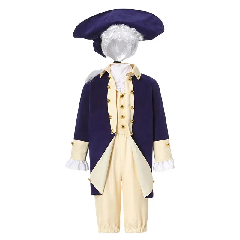 كرنفال الهالوين واشنطن القاضي المحامي للطفل زي الزي الاستعماري الأمريكي مع شعر مستعار تأثيري فستان حفلة تنكرية