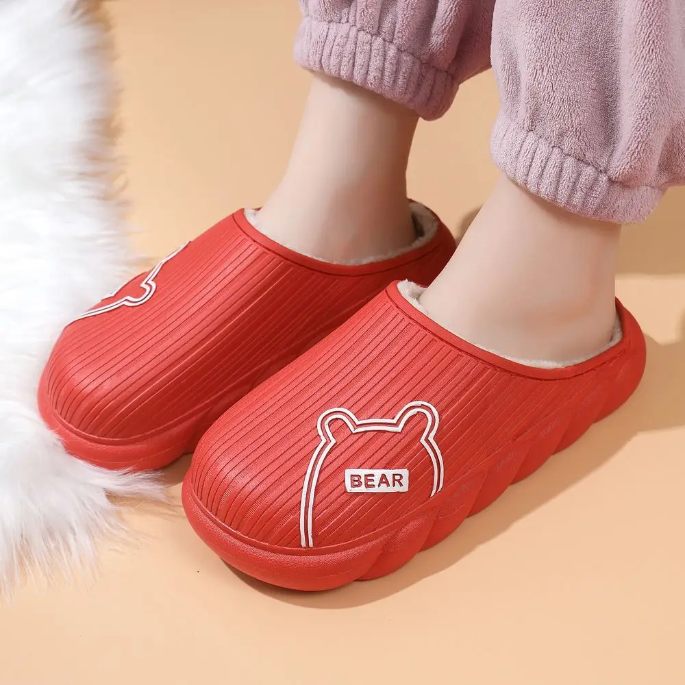 Unisex Autumn Winter Cartoon Warm Slippers Soft Waterproof PVC Plush Slippers Female Clogs Couples Home Indoor Fuzzy Shoes