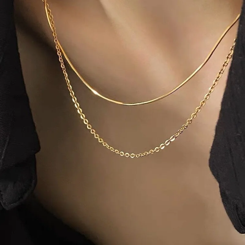 

18K Gold Plated Link High-End Stainless Steel Snake Paperclip Necklace Double-Layer Dainty Style