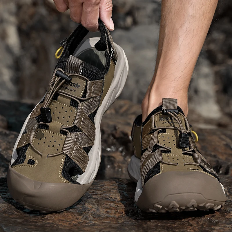 

Мужские модные уличные пляжные сандалии ручной работы, походная обувь на толстой подошве, водонепроницаемые нескользящие тапочки, мужская летняя прогулочная обувь