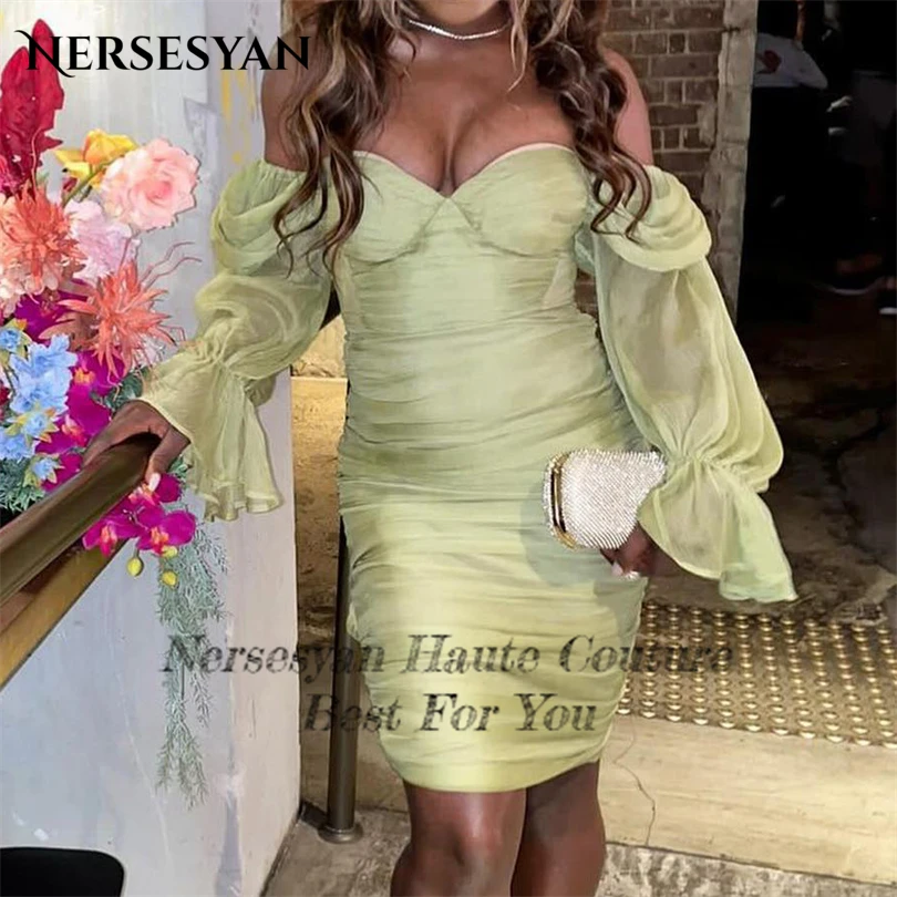 Nersesyan Green Chiffon Tiered Pleats Cocktail Party Dresses Off Shoulder Puff Sleeves Evening Gowns Sexy Mini Prom Dress 2023