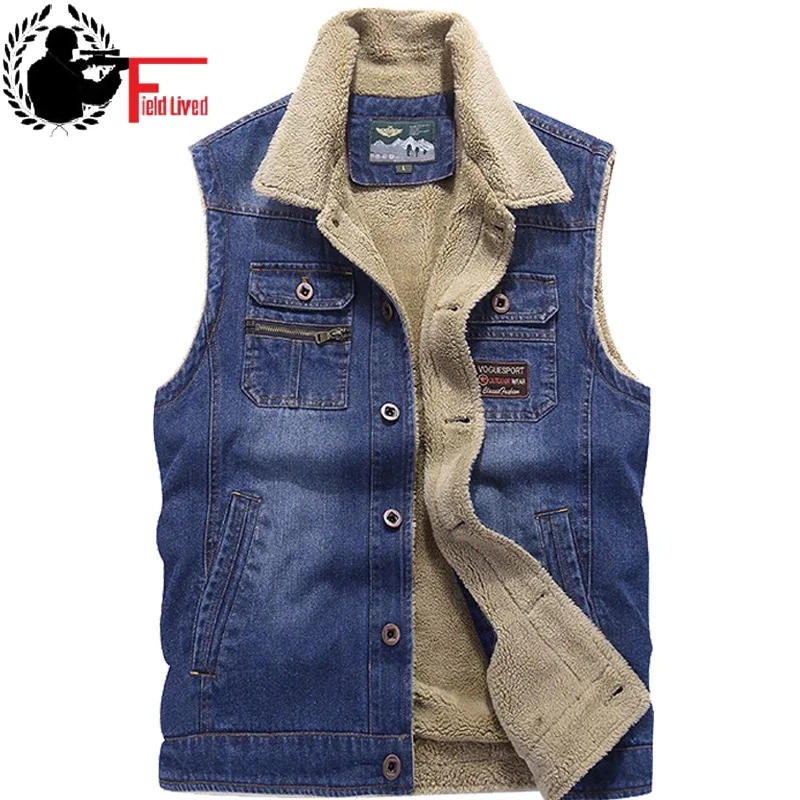 

Sleeveless Bodywarmer Vest Jacket Men Winter Warm Fleece Male Casual Biker Waistcoat Cotton Many Pocket Denim Vest Outwear 2023