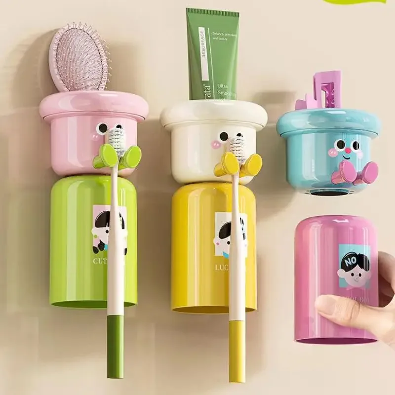 Porte-brosse à dents magnétique de dessin animé, support de rangement mural sans poinçon pour salle de bain, organisateur de gobelets de gargarisme, conception à l'envers