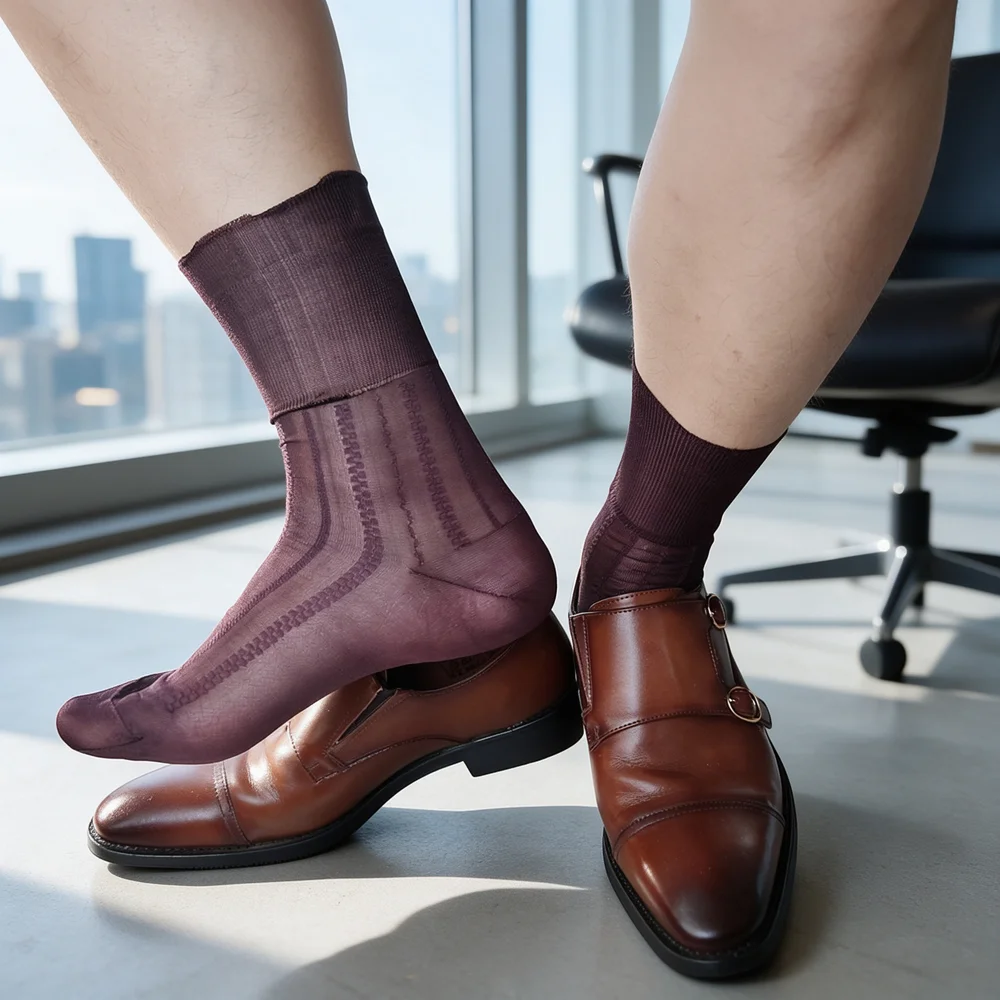 Calcetines de vestir para hombre, de nailon y seda, color burdeos, de media caña, finos, para uso formal y de negocios, ideales para trajes, zapatos de cuero y bodas.