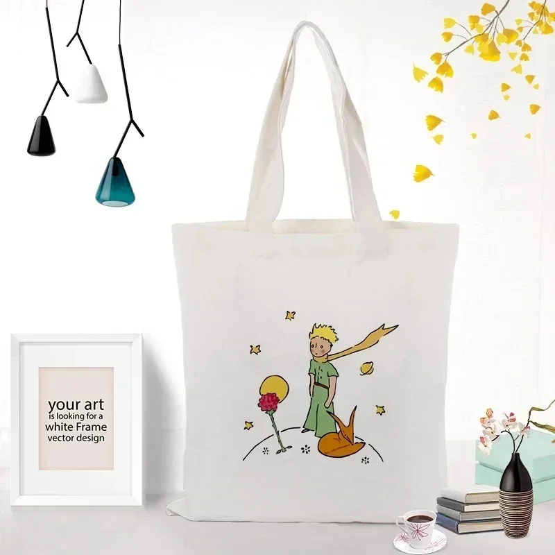 Borsa a tracolla in tela Tote da donna Cute Cartoon Little Prince Printed Text borsa per la spesa portatile riutilizzabile ambientale quotidiana