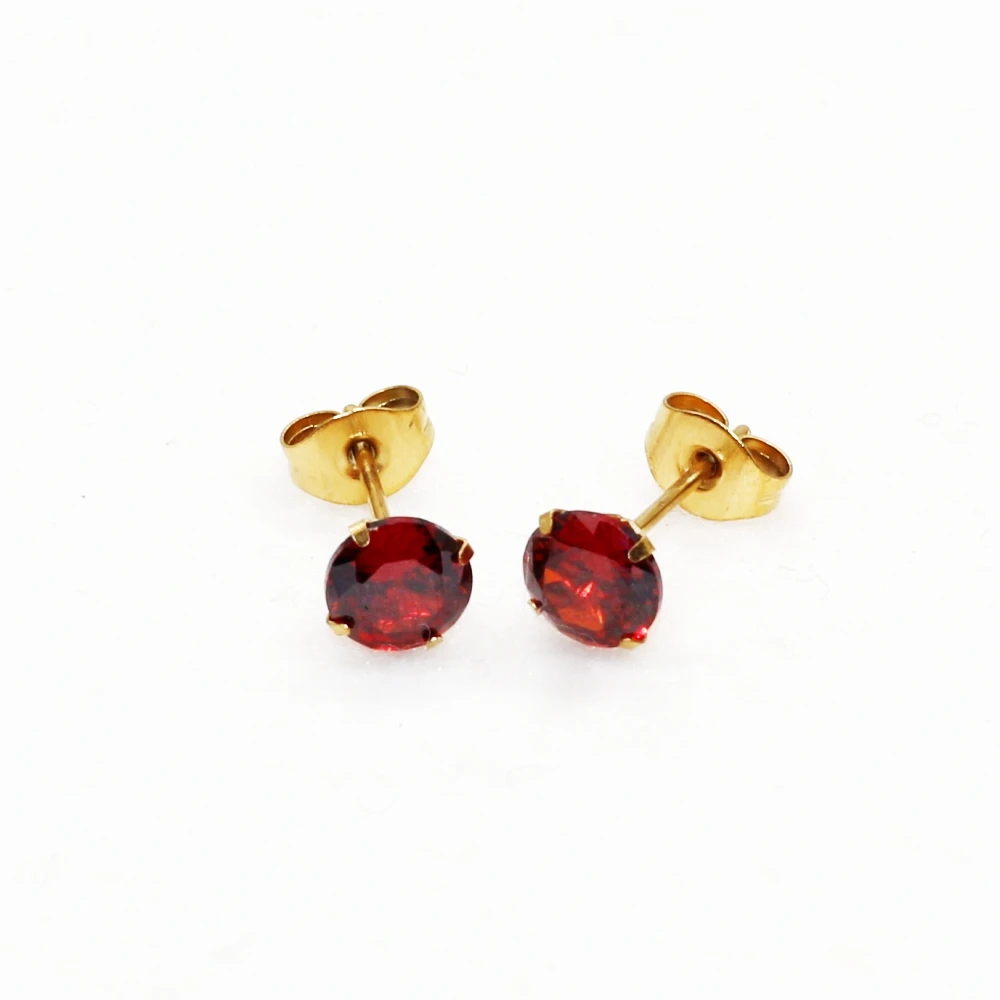 

IP Plating No Easy Fade Allergy Free 6mm Stainless Steel Pomegranage Red Round AAA Zircons Stud Earrings Men Women Girls Boys