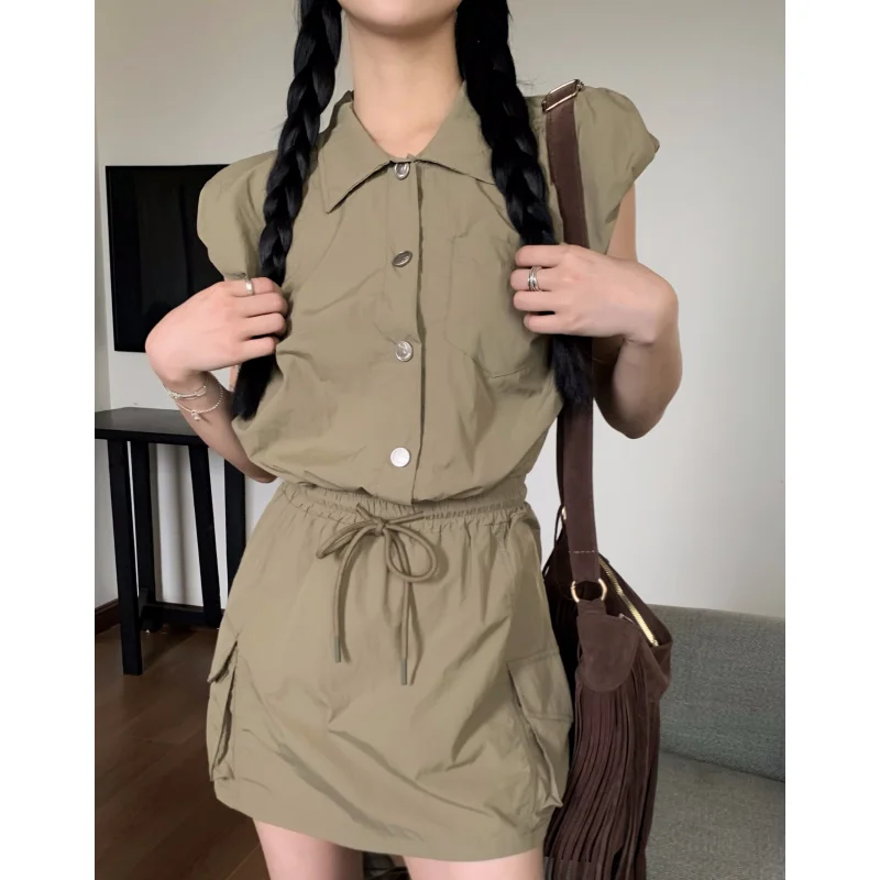 Summer Green Dress Women Solid Vintage Sporty Wind Fashion Y2K Style Miniskirt 2023 NEW Female Chic Temperament Black Dress