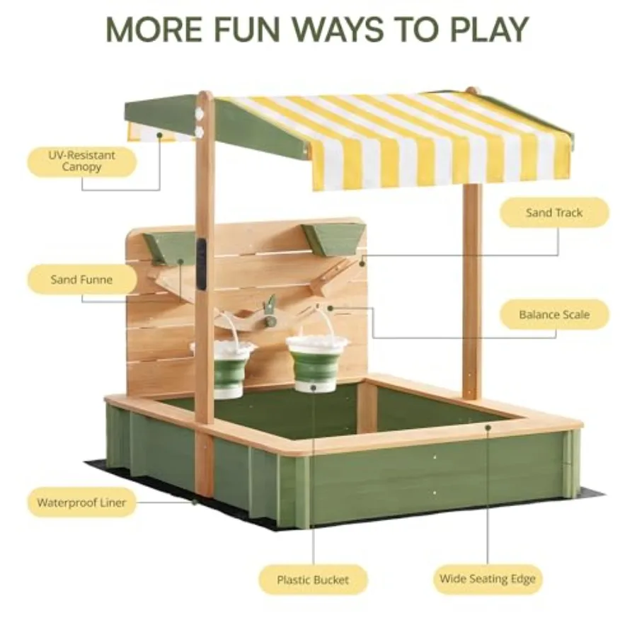 Outdoor kids sandbox with wooden construction, green color, water-resistant liner and adjustable canopy for backyard play