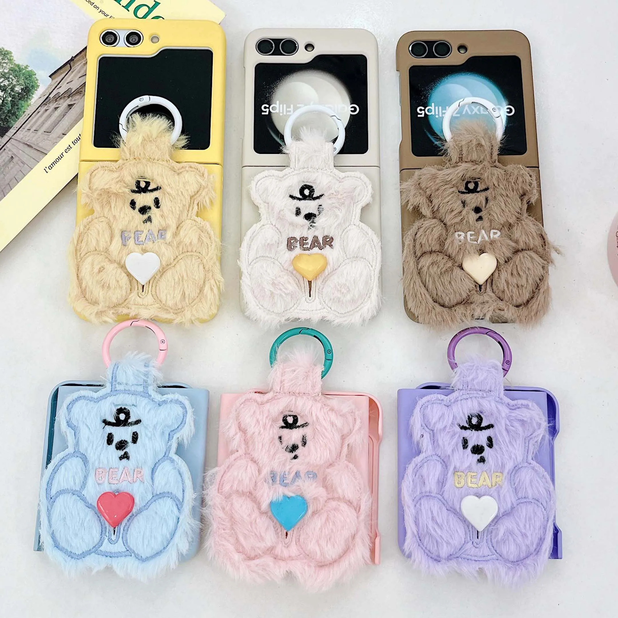 Ins plush love bear cool 3d relif phone case pc hard colorful cartoon capa for samsung galaxy z flip 5 4 3 5G flip3 flip4 flip5