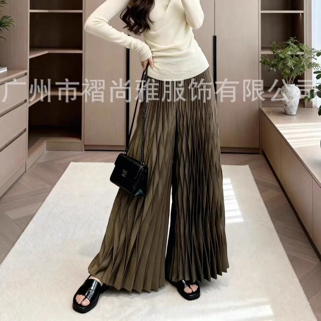 مياكي مطوي 2025 الخريف والشتاء جديد مطوي عالية الخصر بناطيل كاجوال ثنى موضة فضفاضة واسعة أرجل بنطلون أنثى