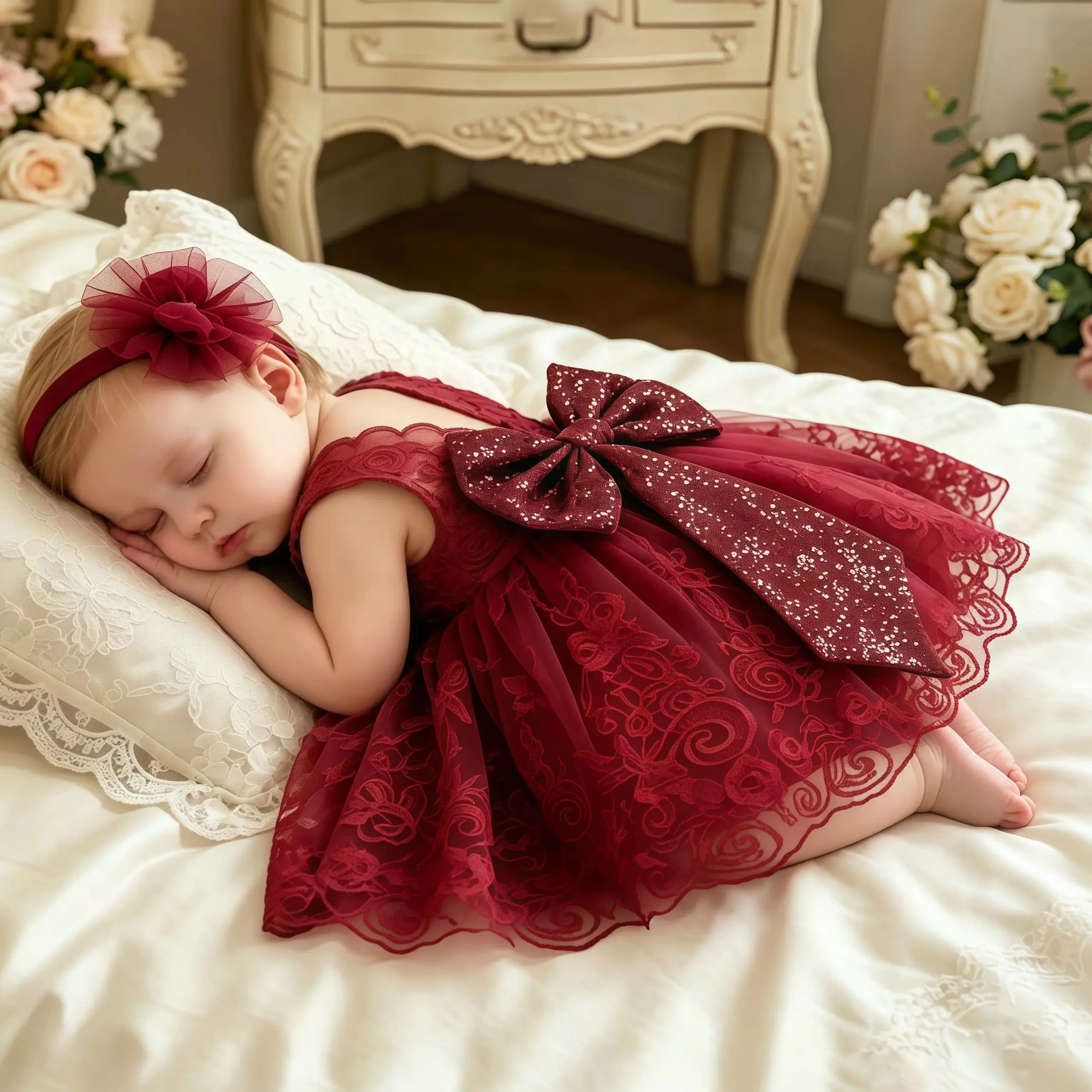 Flower Girls Elegant Lace V Back Tulle Princess Dress For Baby Birthday Party Christmas Bridesmaid Wedding Newborn Baptism Gown