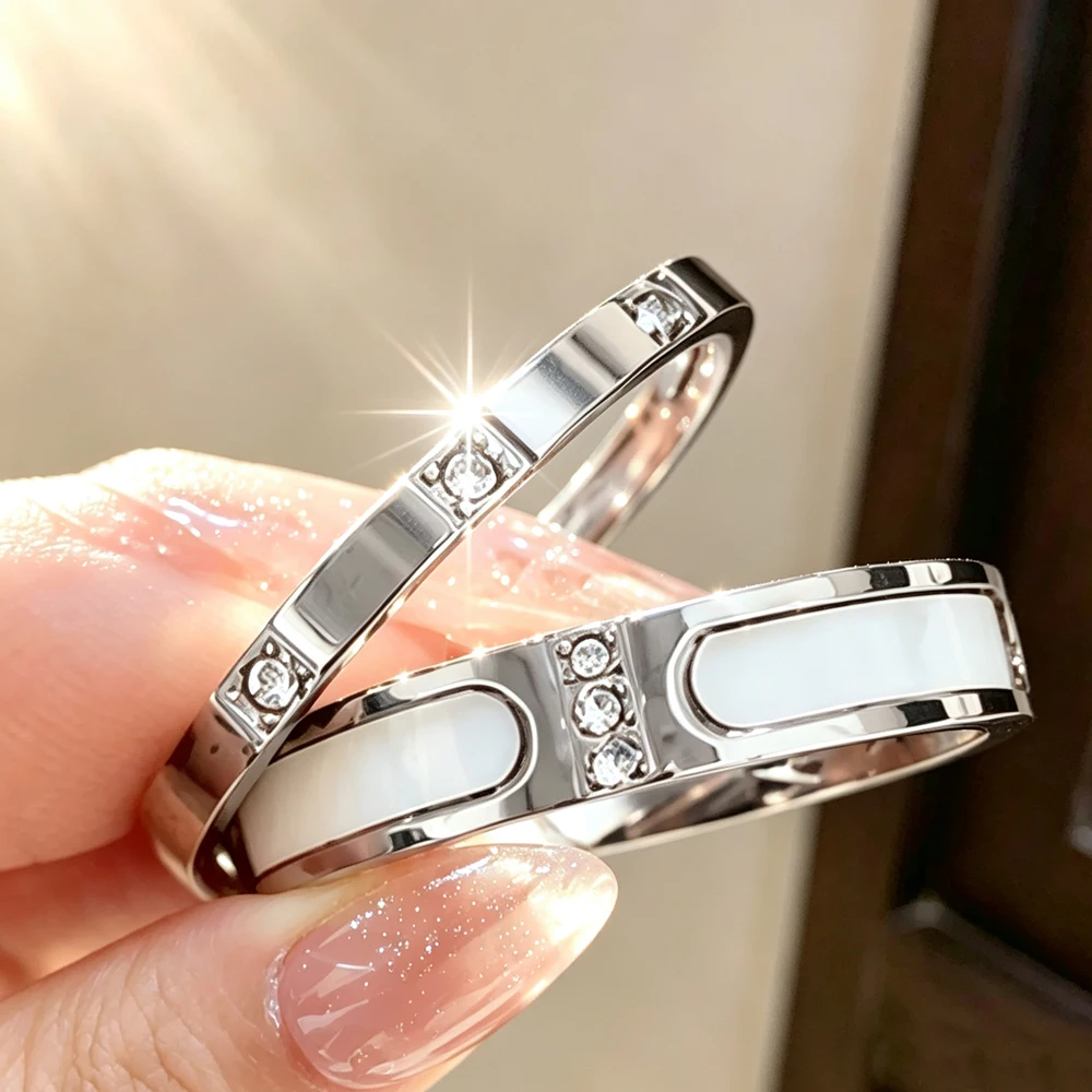 Yupsk 2pcs Exquisite Zircon Inlaid Stainless Steel Ring Women stackable Rings Simple Stylish Everyday Jewelry
