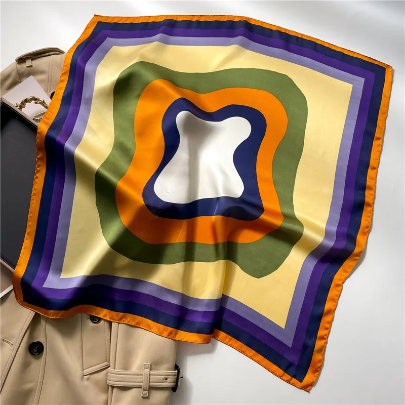 Geometrische Colorblock Vierkante Imitatie Zijden Sjaal Vrouwen Satijnen Sjaal Wrap Hijab Vrouwelijke Haarband Luxe Hoofddoek Echarpe
