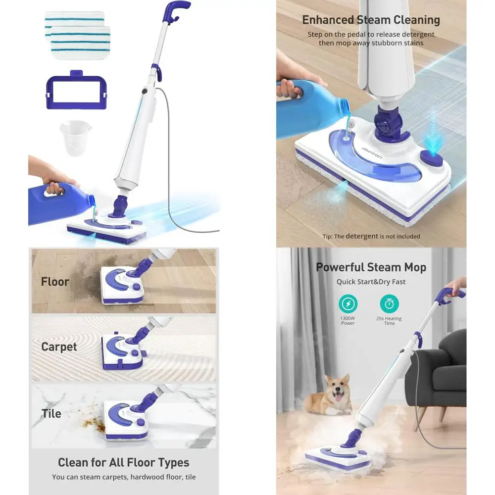 

Powerful 1300W Steam Mop Cleaner with Detergent Chamber, Quick 25S Heat Up, Lightweight for Efficient Floor Cleaning