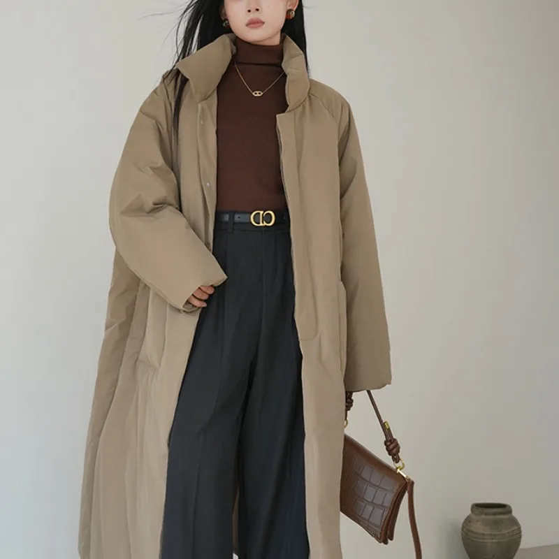 Fashionable silhouette trench coat 2024 new thickened down cotton jacket women\'s long over-the-knee winter standing lapel coat