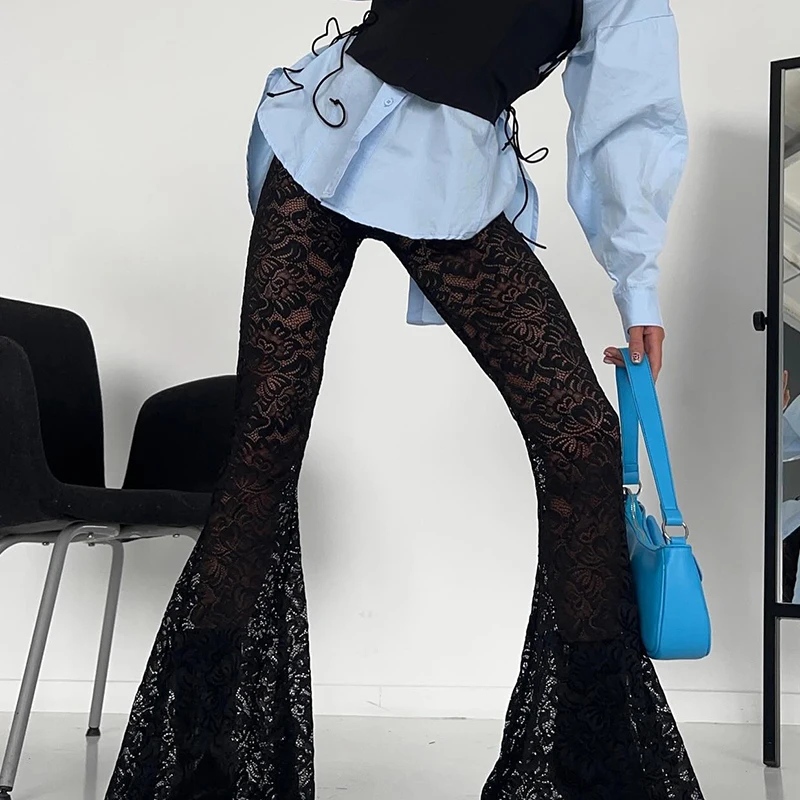 SUCHCUTE Black See Through Lace Flare Pant Elastic High Waisted Full Length Party Trousers Vintage Streetwear Ladies Bottoms New